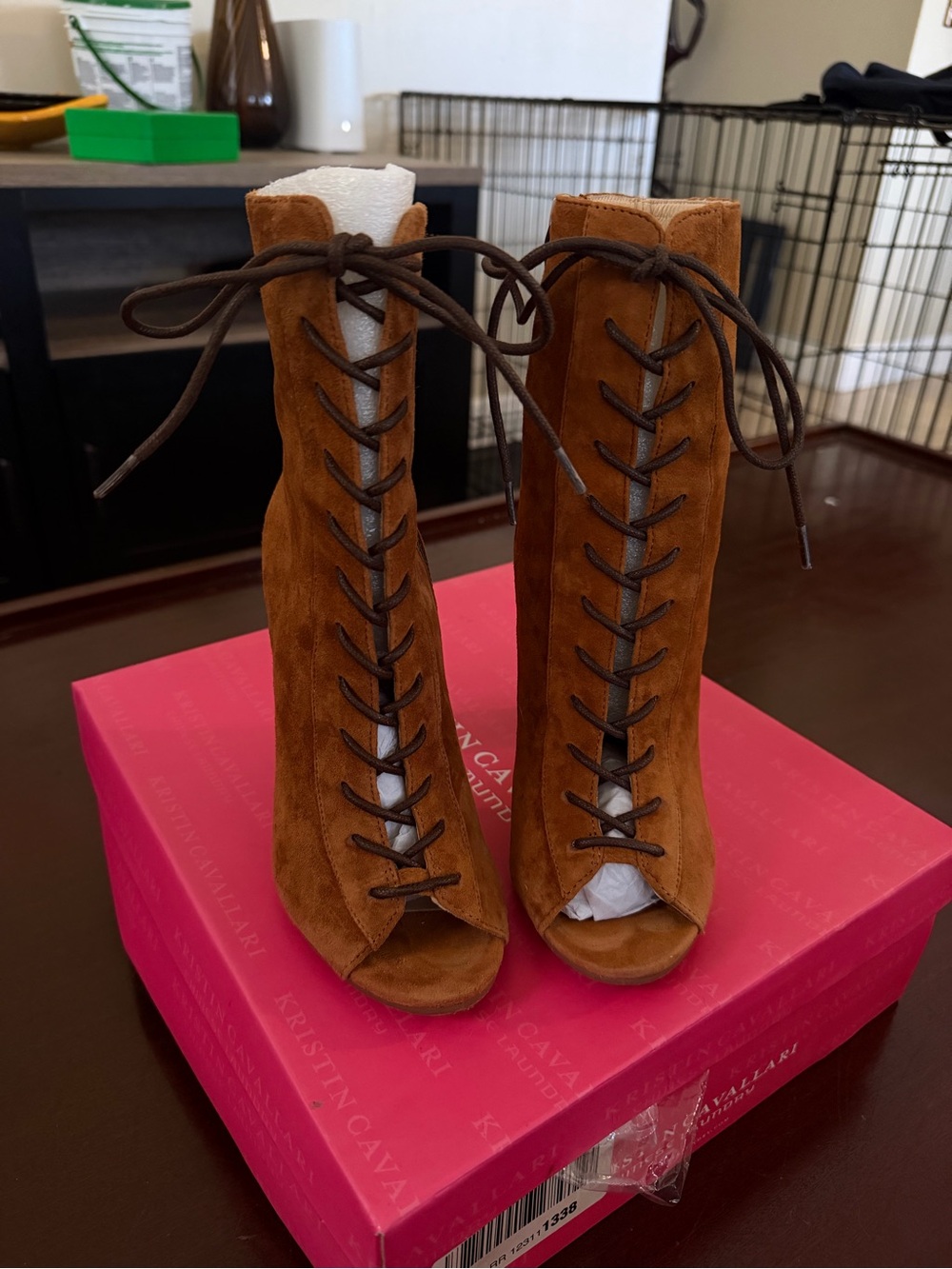Brown Suede Lace-Up Peep Toe Booties